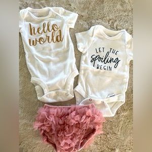 Newborn onesie set bundle with two onesies and ruffle bottom bloomers